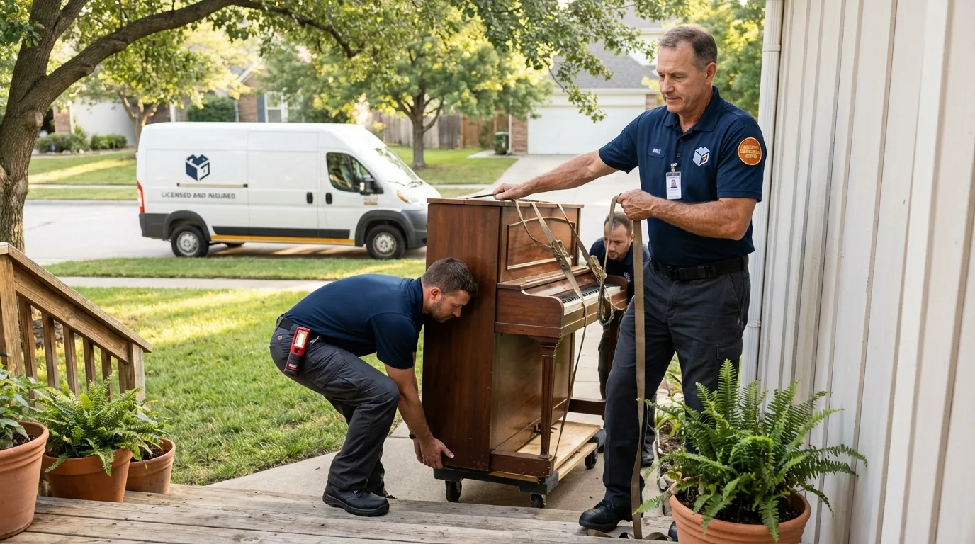 Licensed piano movers securing grand piano in Salem, SD
