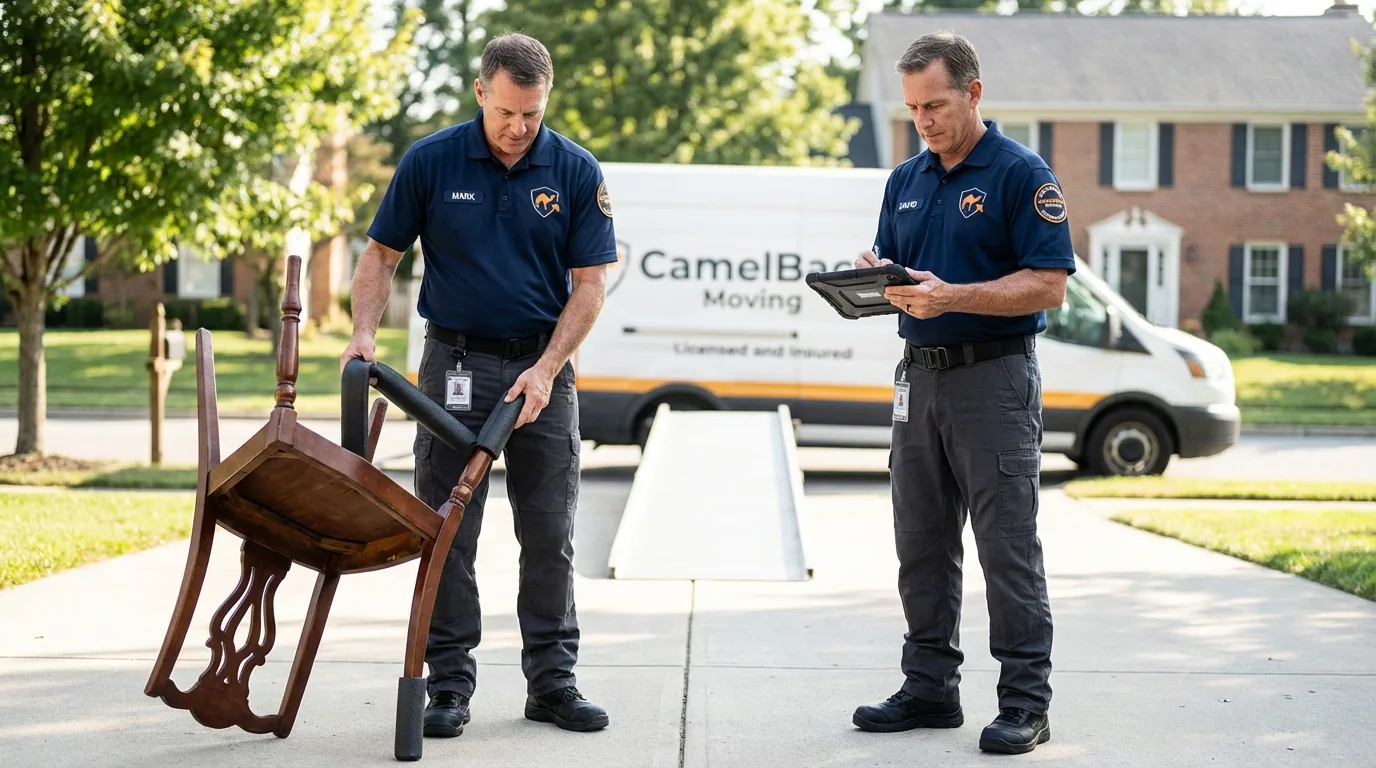 Movers inspecting furniture for damage prevention before loading in Salem, SD